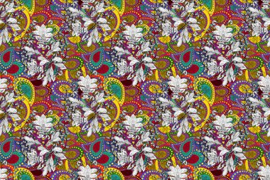 Kusursuz çiçek deseni. Asya tekstil tarzında. Raster illüstrasyonu. Renkli Bahar Temalı Kusursuz Arkaplan. Kırmızı, yeşil ve beyaz renkte çiçekler. Düz Çiçek Elementleri Tasarımı.