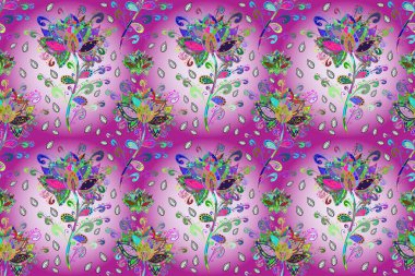 Raster illüstrasyonu. Kusursuz çiçek deseni. Asya tekstil tarzında. Renkli Bahar Temalı Kusursuz Arkaplan. Düz Çiçek Elementleri Tasarımı. Mor, mor ve nötr renkte çiçekler.
