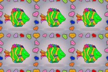 Deniz hayatı. Renkli suluboya balıklarla kusursuz bir desen. Renkli arka planda okyanus balığı. Raster Illustrasyon. El yapımı suluboya elementler.