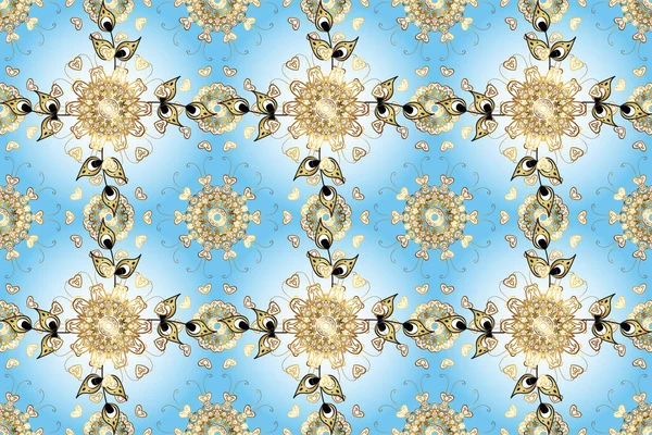 Golden pattern on neutral, blue and white colors with golden elements. Backdrop, fabric, gold wallpaper. Flat hand drawn vintage collection. Raster golden pattern.