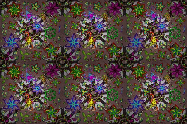 Flat Flower Elements Design. Nice flower raster pattern. Flowers on black, gray and neutral colors. Colour Spring Theme seamless pattern Background.