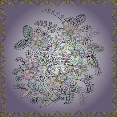 Parlak renkli çiçekleri ve bej, nötr ve gri renkte yaprakları olan şaşırtıcı, pürüzsüz çiçek deseni. Moda baskıları için zarif bir şablon. Halk tarzı. Modern çiçek arkaplanı.