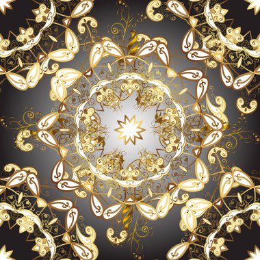 Retro tekstil koleksiyonu. Gri, beyaz ve kahverengi renkli elementler. Farklı süslemeli kar taneleri. Geometrik motiflerle sade, pürüzsüz bir Noel deseni.