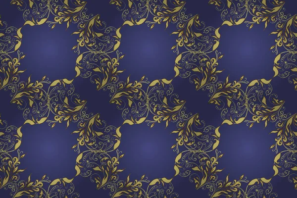 Christmas golden snowflake seamless pattern. Golden snowflakes on violet, brown and yellow colors. Winter snow texture wallpaper. Symbol holiday, New Year celebration raster golden pattern.