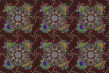 Raster Mimari Müslüman dokusu tasarımı. Broşürler, Pers motifleri için kullanılabilir. Sarı, kahverengi ve gri renkte İslami mandala yuvarlak süslemesi.