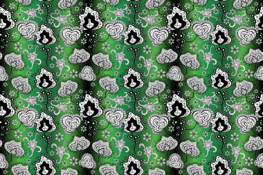 Raster illüstrasyonu. Düz Çiçek Elementleri Tasarımı. Siyah, beyaz ve yeşil renklerde zarif çiçekli suluboya. Renkli Bahar Teması Kusursuz Arkaplan.