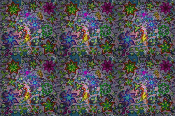 파랗고 보라색이며 중성인 색깔의 채색으로 래스터 삽화에 나오는 꽃무늬 — 스톡 사진