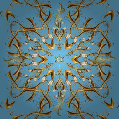 Duvar kağıtları, kumaş ve tekstil için geçmişe dönük zengin tasarım. Yeşillik, güzel, dikişsiz desen. Vektör kahverengi, sarı ve mavi yapraklı arka plan, el yapımı yapraklar, çiçekler, girdaplar, güzel süsler..