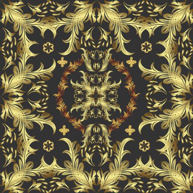 Klasik tarzda hem de. Yeşillik, hoş, dikişsiz desen. Vektör tasarımı. Vektör sarı, nötr ve gri yapraklı arka plan. Güzel yapraklar, çiçekler, girdaplar, karmaşık güzellikteki süsler..