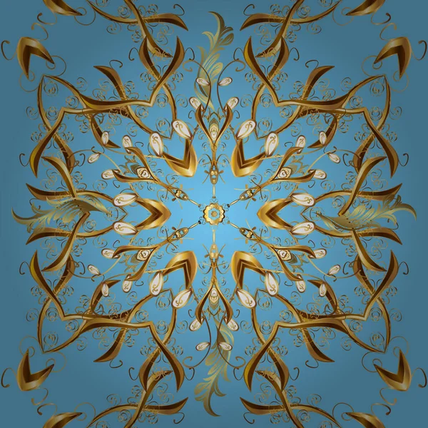 ファブリック 繊維のためのレトロな豊かなデザイン ヴィンテージの素敵なシームレスなパターンを葉 手描きの葉 渦巻き 美しい装飾とベクトル茶色 黄色と青の葉の背景 — ストックベクタ