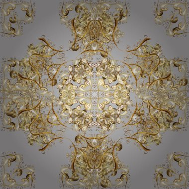 Arabesk desenli vintage arka plan, zemin fayansları yüzey süsü desenleri. Gri, kahverengi ve bej renkli desen. Fas, Portekiz fayanslarından muhteşem, dikişsiz yama kalıpları. Vektör.