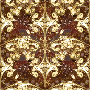 Sarı, kahverengi ve bej renklerde altın elementlerle klasik desen. Noel, kar tanesi, yeni yıl.