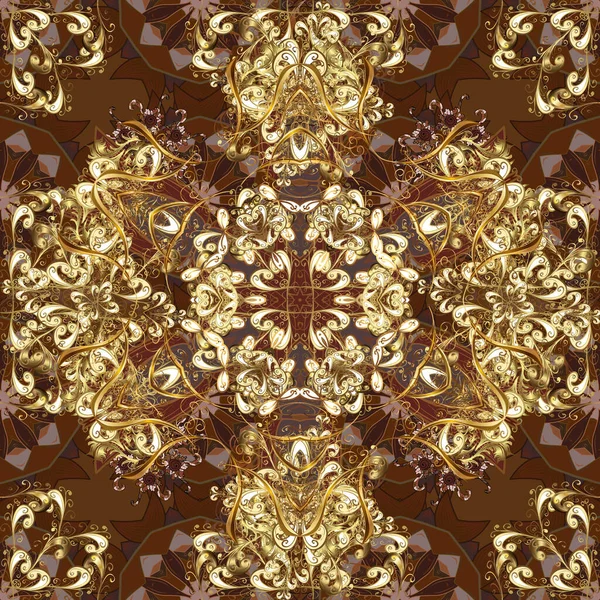 Wzór Kolorach Żółtym Brązowym Beżowym Złotymi Elementami Tradycyjny Ornament Orientalny — Zdjęcie stockowe