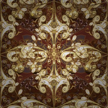 Ortaçağ çiçek desenleri. Sarı, bej ve kahverengi renklerde altın. Doğum günü kartı, davetiye ya da afiş için iyidir. Vektör çizimi. Dekoratif simetri arabesk.