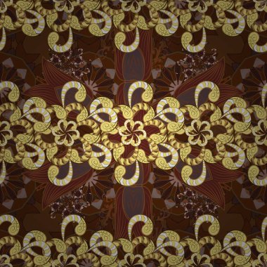 Eski model. Geleneksel, etnik, Türk, Hint motifleri. Kumaş ve tekstil için harika, duvar kağıdı, ambalaj ya da her istenen fikir için. Kahverengi, sarı ve bej süslemeli, çiçeksiz desenli. Vektör.