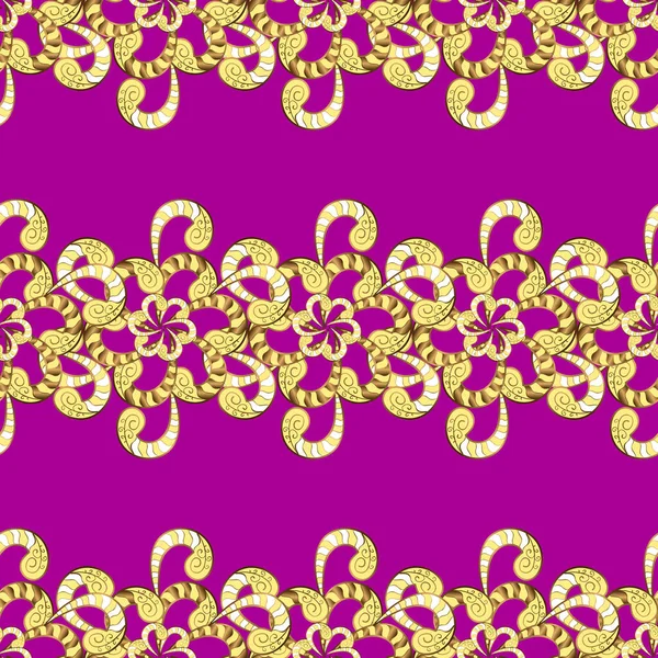 Paisley手工绘制元素 关于紫色 黄色和棕色的说明 无缝图案与幻想花 天然壁纸 花卉装饰卷曲插图 家居装饰 — 图库矢量图片