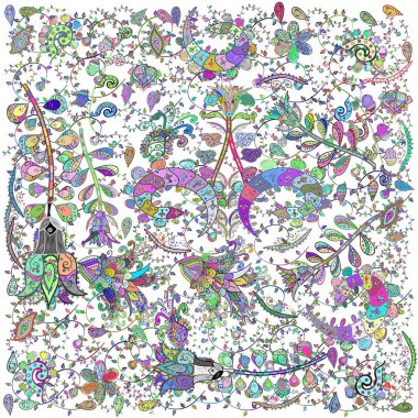 Floral Illustration güzel tekstil. Tarafsız, yeşil ve beyaz renklerde etnik çiçeklerle kusursuz bir desen..