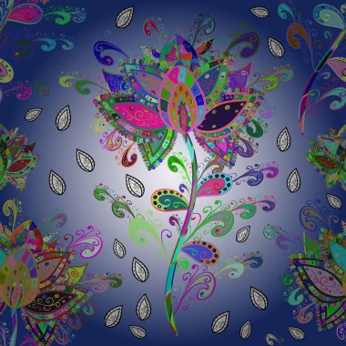 Küçük çiçekteki sevimli çiçek deseni. Varicoloblue, nötr ve yeşil vektör pürüzsüz çizim. Birçok mavi, nötr ve yeşil soyut çiçekli tropikal desensiz desen.