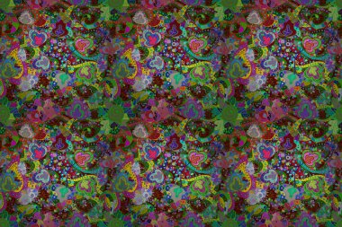 Düz Çiçek Elementleri Tasarımı. Raster illüstrasyonunda kusursuz çiçek deseni. Mavi, yeşil ve kırmızı renkte çiçekler. Renkli Bahar Teması Kusursuz Arkaplan.