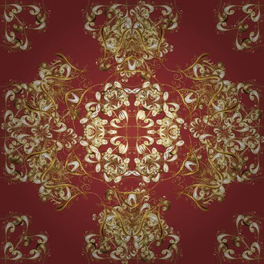 Kırmızı, kahverengi ve bej renklerde altın elementlerle kusursuz desen. Altın desen. Kusursuz altın desenli bukleler. Vektör. Doğu tarzı arabesk. Parlak dantel, stilize çiçekler, şal desenli.