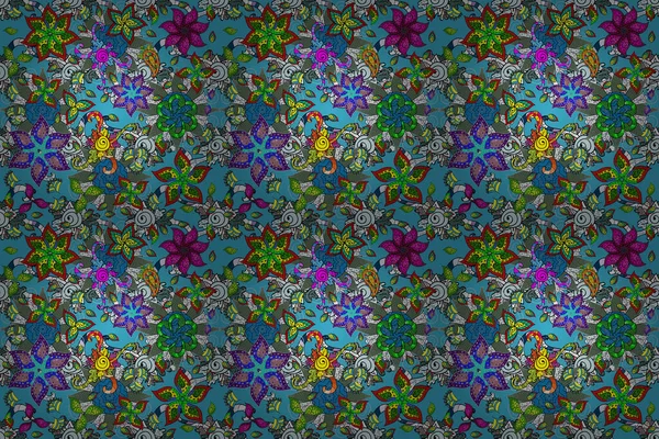 Nahtlose Floral Pattern Raster Illustration Blumen Schwarzen Blauen Und Grünen — Stockfoto