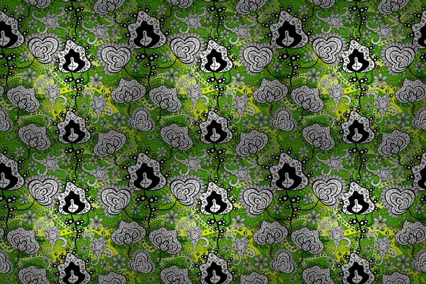 Çiçekli Güzel Suluboya Desen Raster Illüstrasyonu Yeşil Beyaz Siyah Renklerde — Stok fotoğraf