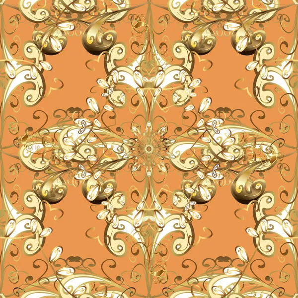 Golden Floral Ornament Baroque Style Damask Seamless Pattern Repeating Background — Stock Vector