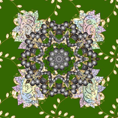 Düğün kartı illüstrasyonu için bir model. Yeşil, gri ve nötr renklerde klasik dekoratif bir element. Renkli mandala ile Davet.