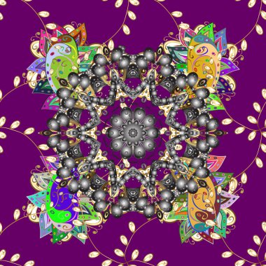 Birçok taç yaprağı çiçekli kutsal geometrik sembol. Mor, gri ve sarı renklerde renkli mandala logosu.