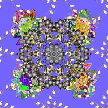 El çizimi zentangle çiçekli menekşe, gri ve sarı renkler. Kusursuz desenli etnik mandalalar, karalama çemberleri. Mor, gri ve sarı desenli.