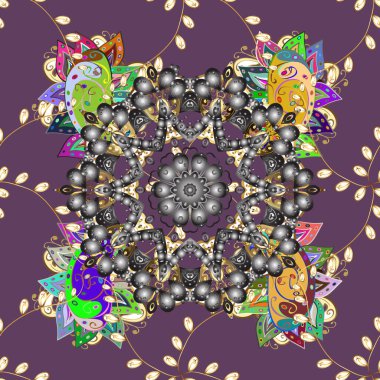 Doğulu. Mandala deseni. Doğu, İslam, Tayland, Hint, sedir motifleri. Vektör Mandala gri, mor ve kahverengi renkli. Soyut kabile, etnik doku. Arap Vintage dekoratif süsü.