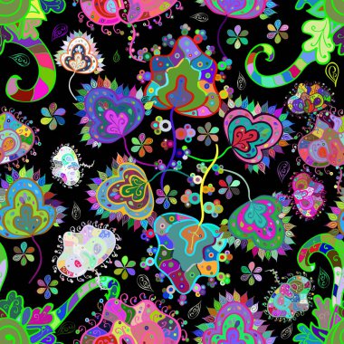 Düz Çiçek Elementleri Tasarımı. Renkli Bahar Temalı Kusursuz Arkaplan. Güzel kumaş deseni. Zentangle soyut çiçekleri. Çiçek tozu..