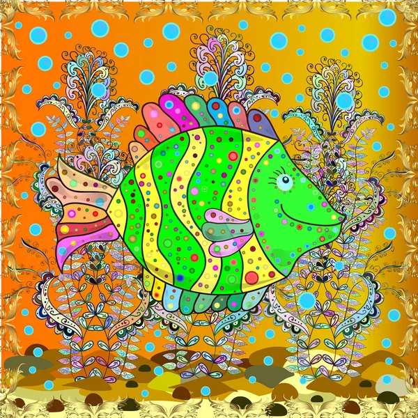 Decorative Seamless Pattern Tropical Fish Stylized Texture Embroidery Yellow Green — Stock Photo, Image