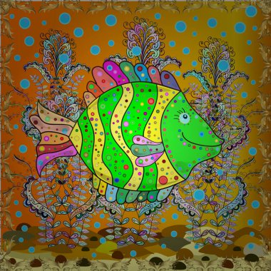 Modaya uygun klasik nakış tropikal deniz, balıklar. Turuncu, sarı ve yeşil. Vektör. Kıyafet tasarımı için modaya uygun bir şablon. Deniz tropik balıkları. Nakış işlemeli deniz yaşamı koleksiyonu. Kusursuz..