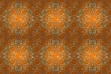 Barok tarzında duvar kağıdı tasarımı için kusursuz damaske deseni arkaplanı. Altın desenli turuncu, kahverengi ve beyaz, altın elementli. Süslü raster dekorasyonu.