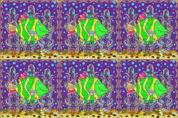 Raster Illustration Sömlös Söt Fisk Tecknad Samling Fiskar Lila Grönt — Stockfoto