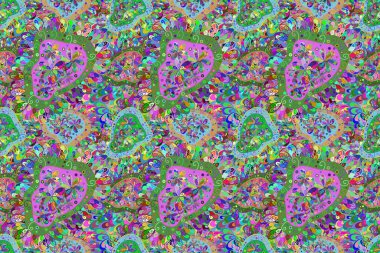 Kumaş, tekstil, duvar kağıdı baskısı için. Raster illüstrasyonu. Eski usul. Kusursuz bir geçmişi var. Renkli desenli kusursuz desen, kırmızı, siyah ve kahverengi çiçekler ve dekoratif elementler..