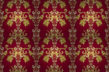 Sarı, kahverengi ve kırmızı renklerde altın elementlerle kusursuz desen. Raster oryantal süs. Kusursuz altın desen.