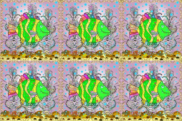 エレガントなモダンなスタイル 緑と黄色の背景 ラスター アブストラクトテンプレート 緑と黄色の魚のかわいい海 シームレスな海の旅 水中ダイビング動物 熱帯魚 ラスター — ストック写真