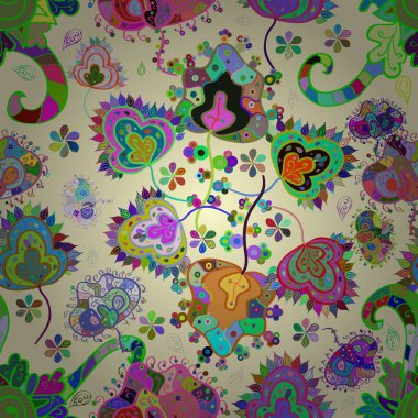 Çiçeksiz desenli arka plan, yaz çiçekleri. Çiçekler bej, mavi ve yeşil renklerde. Düz Çiçek Elementleri Tasarımı. Renkli Bahar Teması Kusursuz Arkaplan.