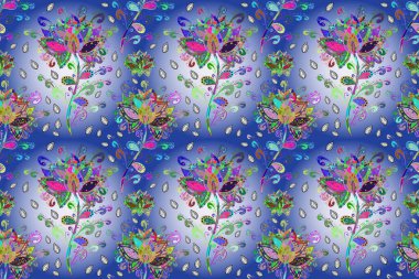 Mavi, yeşil ve nötr renklerde çiçekler. Renkli Bahar Temalı Kusursuz Arkaplan. Sevimli çiçek raster deseni. Düz Çiçek Elementleri Tasarımı.