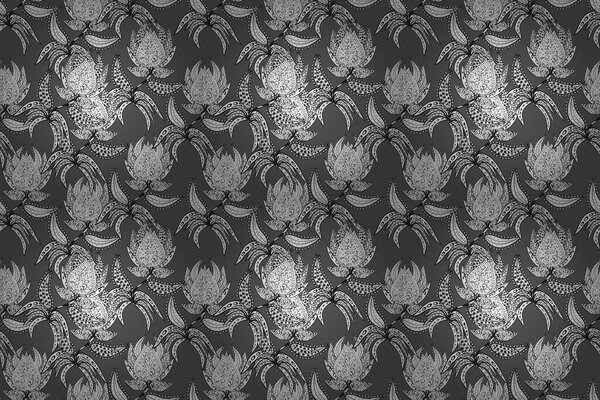Raster illustration. Raster floral pattern in doodle style with flowers. Gentle, summer floral on white, black and gray colors.