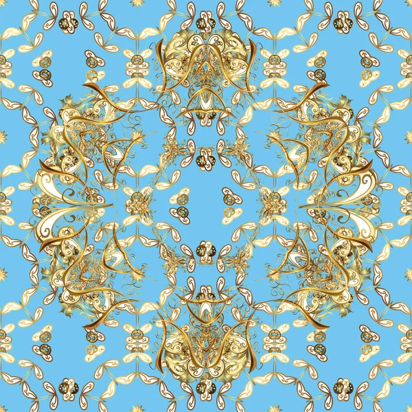 Golden pattern on white, blue and brown colors with golden elements. Golden seamless pattern. Flat hand drawn vintage collection. Backdrop, fabric, gold wallpaper.