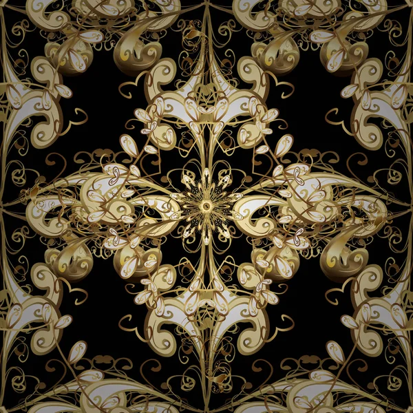 古典的なヴィンテージの背景 シームレスな古典的なベクトル黄金のパターン ベクトルイラスト ベージュ ブラウン ブラックの各色にゴールドを使用したシームレスなパターン 伝統的な装飾品 — ストックベクタ