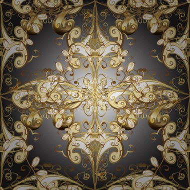 Dekoratif simetri arabesk. Vektör çizimi. Doğum günü kartı, davetiye ya da afiş için iyidir. Kahverengi, gri ve bej renklerde altın. Kusursuz ortaçağ çiçek desenleri..