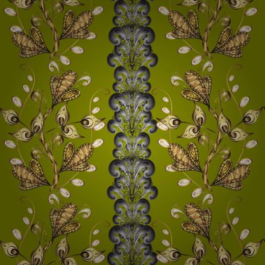 Yeşil, sarı, gri ve altın desenli. Zarif bir klasik vektör modeli. Tekrarlayan ögelerle kusursuz soyut arkaplan.