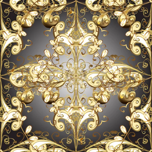 Zlatý Vzor Hnědých Šedých Béžových Barvách Zlatými Prvky Bezešvé Damašek — Stockový vektor