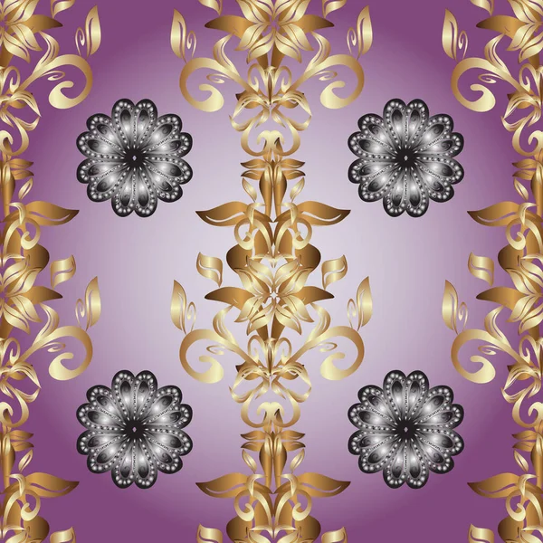 보라색 회색의 스러운 바로크 꽃무늬는 자주색 회색을 황금색으로 럭셔리 빅토리아 — 스톡 벡터