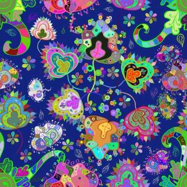 Çiçek süsü ile kusursuz desen. Vektör çizimi. Mavi, mor ve yeşil renkte çiçekler.