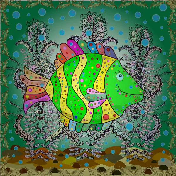 Бесшовно Стиле Рыбных Каракулей Векторная Иллюстрация Ручной Рыбы Желтом Нейтральном — стоковый вектор
